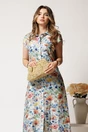 Rochie lunga de zi gri cu flori albastre din in cu croi drept si cordon in talie, 3, dyfashion.ro