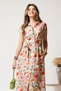 Rochie lunga de zi ivory cu flori corai din in cu croi drept si cordon in talie, 3, dyfashion.ro