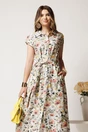 Rochie lunga de zi ivory cu flori verzi din in cu croi drept si cordon in talie, 3, dyfashion.ro