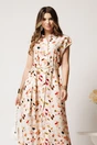 Rochie lunga de zi ivory cu frunze maro din in cu croi drept si cordon in talie, 3, dyfashion.ro