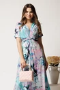 Rochie lunga de zi turcoaz din viscoza cu imprimeu lila si nod in talie, 3, dyfashion.ro
