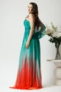 Rochie lunga din voal verde-rosu in degradee cu print si floare pe bust