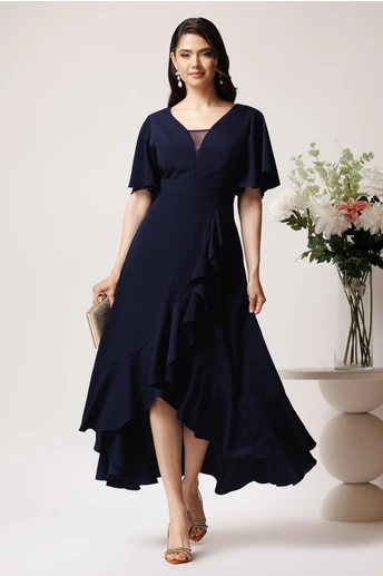 Rochie lunga eleganta din crep bleumarin cu volan pe fusta