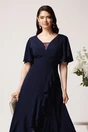 Rochie lunga eleganta din crep bleumarin cu volan pe fusta, 3, dyfashion.ro