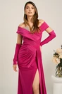 Rochie lunga eleganta din lycra fucsia cu strasuri la decolteu si maneci detasabile, 3, dyfashion.ro