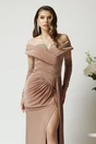 Rochie lunga eleganta din lycra maro cu strasuri la decolteu si maneci detasabile