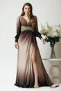 Rochie lunga eleganta din lycra maro in degradee cu strasuri in talie
