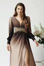 Rochie lunga eleganta din lycra maro in degradee cu strasuri in talie