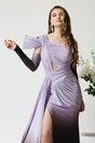Rochie lunga eleganta din lycra mov in degradee cu fronseuri si decupaje