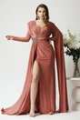 Rochie lunga eleganta din lycra roz coniac cu strasuri pe talie