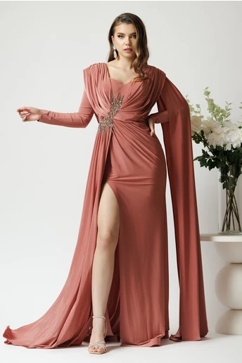 Rochie lunga eleganta din lycra roz coniac cu strasuri pe talie