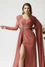 Rochie lunga eleganta din lycra roz coniac cu strasuri pe talie
