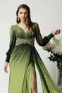 Rochie lunga eleganta din lycra verde in degradee cu strasuri in talie