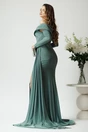 Rochie lunga eleganta din lycra verde mint cu strasuri la decolteu si maneci detasabile