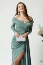 Rochie lunga eleganta din lycra verde mint cu strasuri la decolteu si maneci detasabile