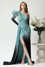 Rochie lunga eleganta din lycra verde mint in degradee cu fronseuri si decupaje