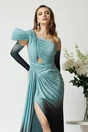 Rochie lunga eleganta din lycra verde mint in degradee cu fronseuri si decupaje