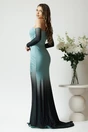 Rochie lunga eleganta din lycra verde mint in degradee cu fronseuri si decupaje