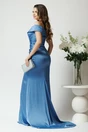 Rochie lunga eleganta din satin albastra cu froseu pe talie si volan pe fusta
