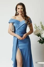 Rochie lunga eleganta din satin albastra cu froseu pe talie si volan pe fusta