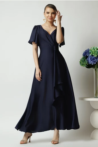 Rochie lunga eleganta din satin bleumarin cu volan