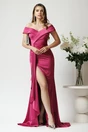 Rochie lunga eleganta din satin fucsia cu froseu pe talie si volan pe fusta