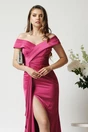 Rochie lunga eleganta din satin fucsia cu froseu pe talie si volan pe fusta