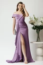 Rochie lunga eleganta din satin lila cu froseu pe talie si volan pe fusta