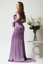 Rochie lunga eleganta din satin lila cu froseu pe talie si volan pe fusta
