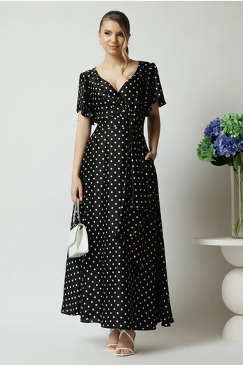 Rochie lunga eleganta din satin neagra cu buline si volan