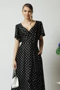 Rochie lunga eleganta din satin neagra cu buline si volan