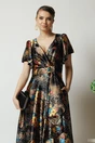 Rochie lunga eleganta din satin neagra cu flori orange si volan