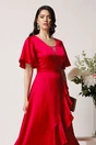 Rochie lunga eleganta din satin rosu zmeura cu volan pe fusta, 3, dyfashion.ro