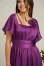 Rochie lunga eleganta din voal mov cu floare la bust, 3, dyfashion.ro