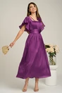 Rochie lunga eleganta din voal mov cu floare la bust- Moze, 4, dyfashion.ro