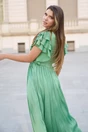 Rochie lunga eleganta din voal verde fistic cu volanase la maneci, 3, dyfashion.ro