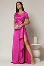 Rochie lunga fucsia din satin cu slit pe picior si aplicatie pe talie, 1, dyfashion.ro