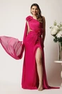 Rochie lunga fucsia din voal creponat cu flori maxi in talie si pe umar, 1, dyfashion.ro