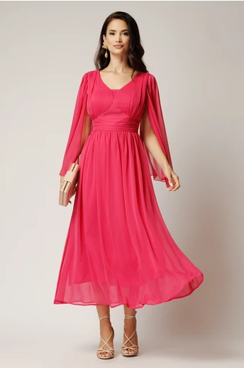 Rochie lunga fucsia din voal creponat in clos cu maneci despicate