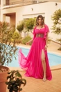 Rochie lunga fucsia din voal in clos cu strasuri si tull in talie, 4, dyfashion.ro