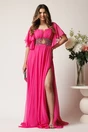Rochie lunga fucsia din voal in clos cu strasuri si tull in talie, 1, dyfashion.ro
