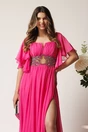 Rochie lunga fucsia din voal in clos cu strasuri si tull in talie, 3, dyfashion.ro