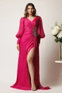 Rochie lunga fucsia din voal plisat cu strasuri in talie, 1, dyfashion.ro