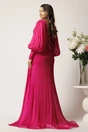 Rochie lunga fucsia din voal plisat cu strasuri in talie, 2, dyfashion.ro