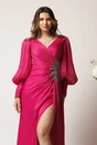 Rochie lunga fucsia din voal plisat cu strasuri in talie, 3, dyfashion.ro