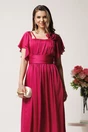 Rochie lunga fucsia in clos din voal cu floare la bust, 3, dyfashion.ro
