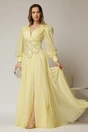 Rochie lunga galbena de seara din tull cu corset cu strassuri aplicate, 1, dyfashion.ro