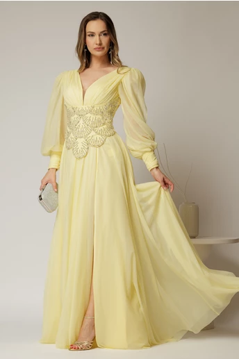 Rochie lunga galbena de seara din tull cu corset cu strassuri aplicate