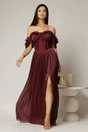 Rochie lunga grena de ocazie din voal peliculizat cu bust tip corset, 1, dyfashion.ro