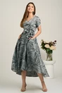 Rochie lunga gri din brocard in clos cu imprimeu si floare maxi detasabila- LaDonna, 1, dyfashion.ro